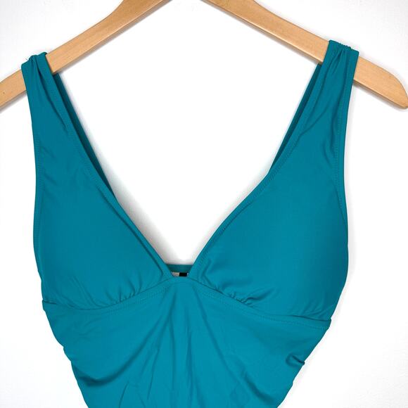 J. Crew Ruched V Neck One Piece Swimsuit In Teal Blue Green Size 8 Long Torso - Picture 3 of 10